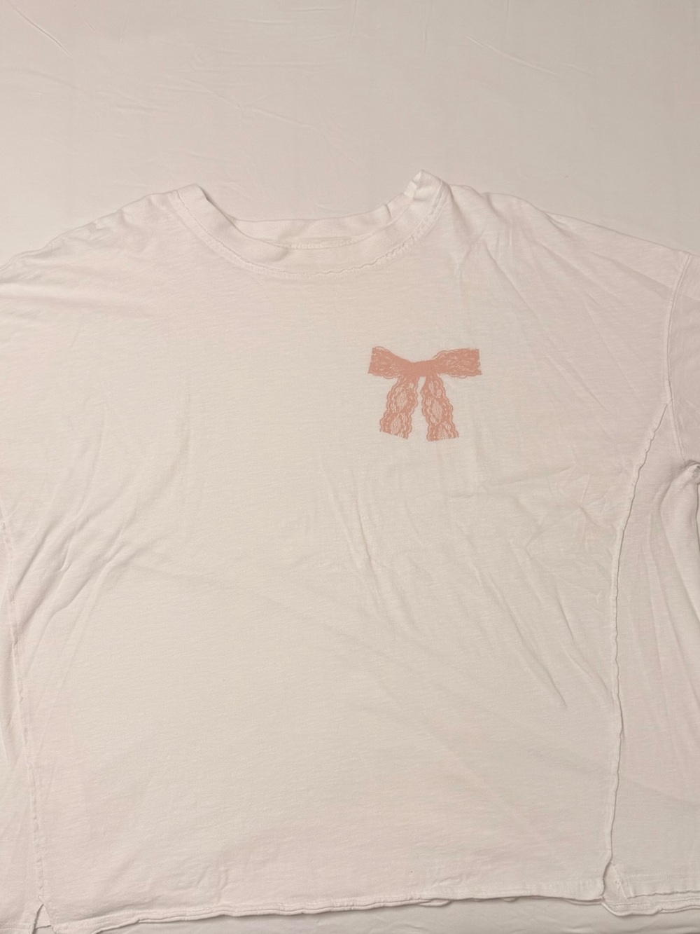 aerie White Short Sleeve Tee with Pink Lace Bow